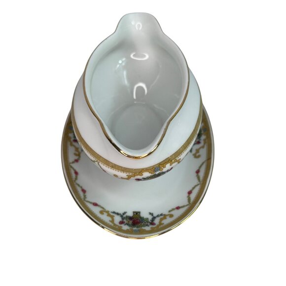 VTG Royal Bayreuth Bavaria Gravy Boat W/ Attached Plate Gold Trim Floral - Picture 2 of 13